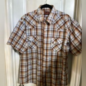 PLAINS western wear. Casual Brown and White Plaid Button Down Shirt